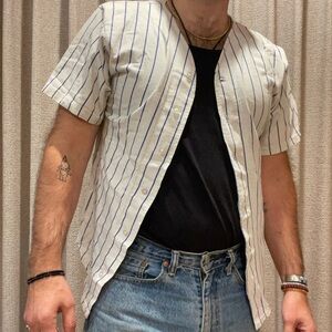 Striped Short-Sleeve Baseball Shirt - White with Blue Stripes